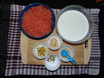 High angle view of breakfast on table