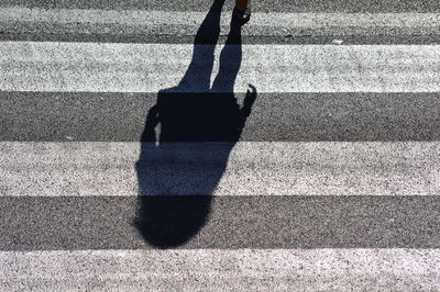 Shadow of woman on zebra crossing in city during sunny day