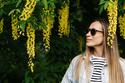 A woman admires the flowering clusters of laburnum anagyroides walking in the spring in the park