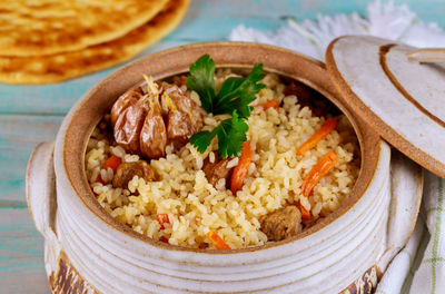 High angle view of food in plate on table