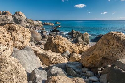 Scenic view of sea against clear blue sky