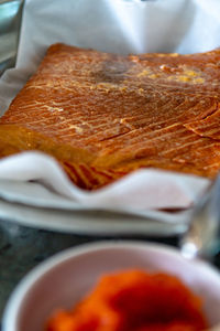 High angle view of bread in plate on table