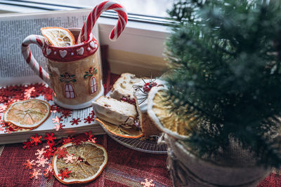 Christmas decor on the table flatlay