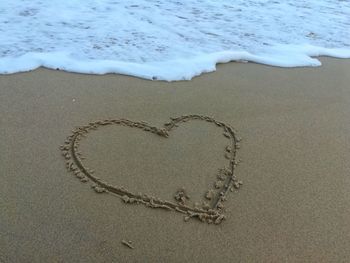 High angle view of heart shape on beach