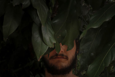 Close-up portrait of man with leaves