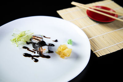 High angle view of dessert in plate on table