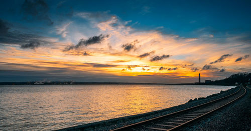 Scenic view of sea against dramatic sky during sunset