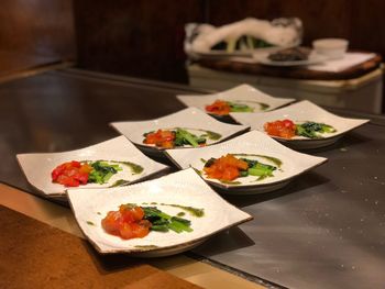 High angle view of food served on table