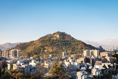 High angle view of townscape against clear sky