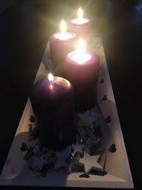 Close-up of lit candles on table