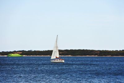 Sailboat sailing on sea against clear sky