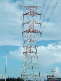 Low angle view of electricity pylon against sky