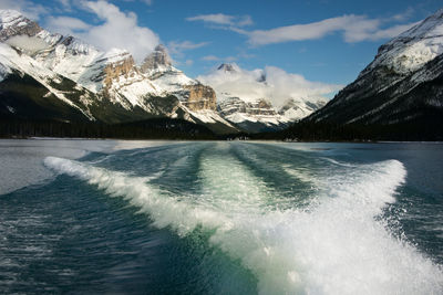 Panoramic view of sea and snowcapped mountains against sky