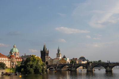 Bridge over river by buildings against sky in city