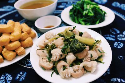 High angle view of meal served on table