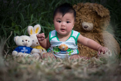 Portrait of cute baby boy with stuffed toys sitting on field