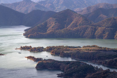 High angle view of lske and mountains