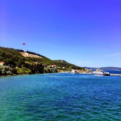 Scenic view of sea against clear blue sky