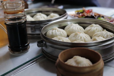 High angle view of food in container on table