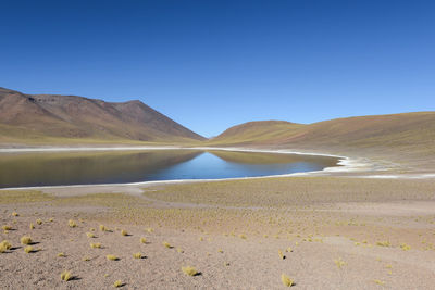 Scenic view of desert against clear blue sky