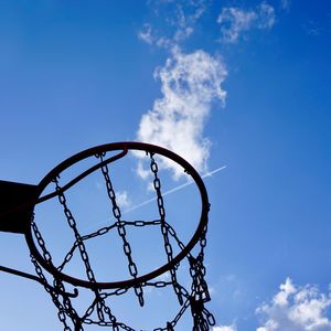 Low angle view of basketball hoop against blue sky