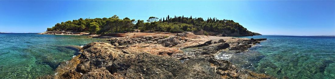 Panoramic view of sea against clear blue sky