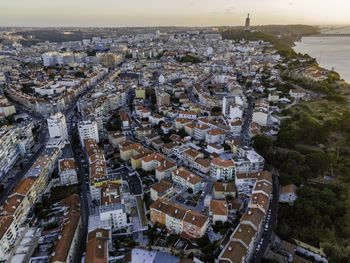 High angle view of townscape against sky in city