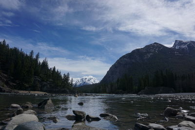 Scenic view of lake and mountains against sky