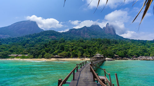 Scenic view of sea and mountains against sky