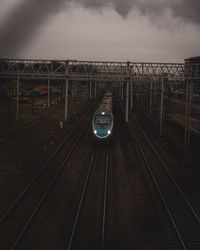 High angle view of railroad tracks against sky