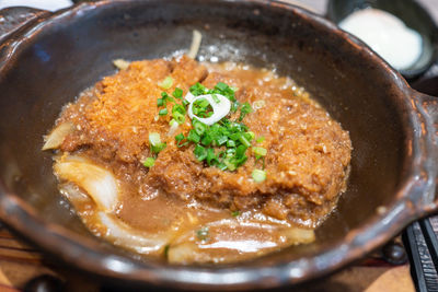 High angle view of soup in bowl