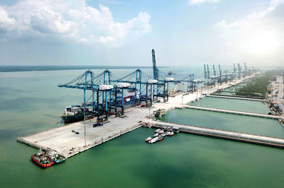 High angle view of pier over sea against sky