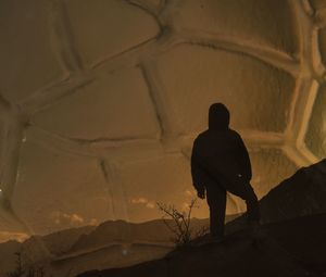 Rear view of man standing on rock