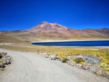 Scenic view of mountains against blue sky