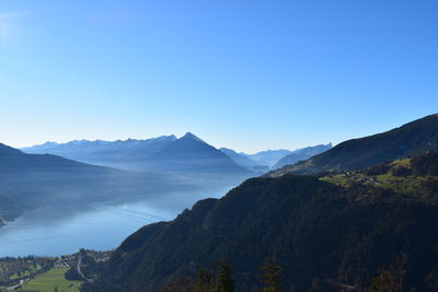 Scenic view of mountains against clear blue sky