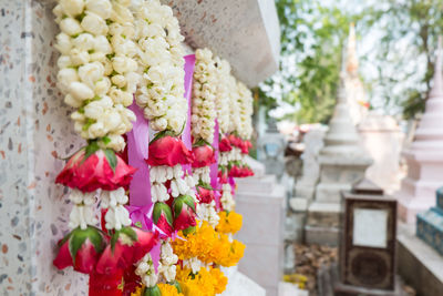 Close-up of garlands hanging on wall at temple