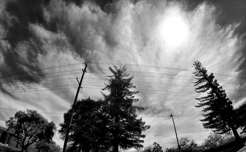 Low angle view of power lines against cloudy sky