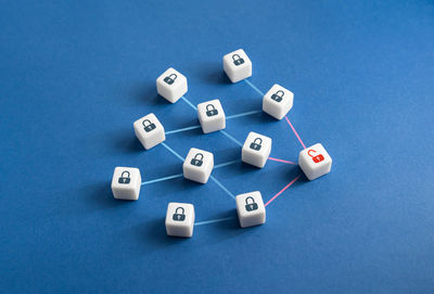 High angle view of medicines on blue background