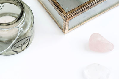 High angle view of glass jar on table