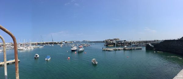 High angle view of boats in harbor