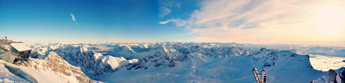 Panoramic shot of snowcapped mountains seen from zugspitze against sky