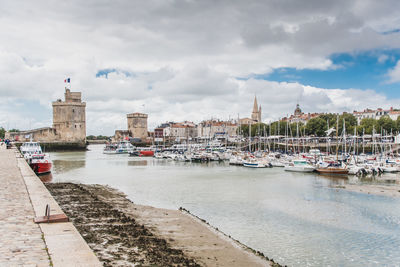 View of marina with buildings in background