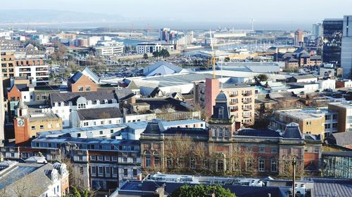 High angle view of cityscape against sky