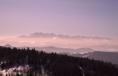 Scenic view of silhouette mountains against sky at sunset