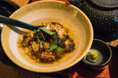 High angle view of soup in bowl