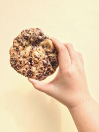 Close-up of hand holding cookies against white background