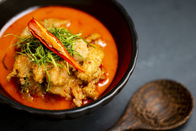 High angle view of food in bowl on table