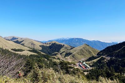 Scenic view of mountains against clear blue sky