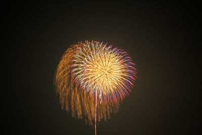 Blurred motion of firework display in city against sky at night