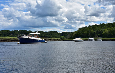 View of boats achored along north river in massachusetts.